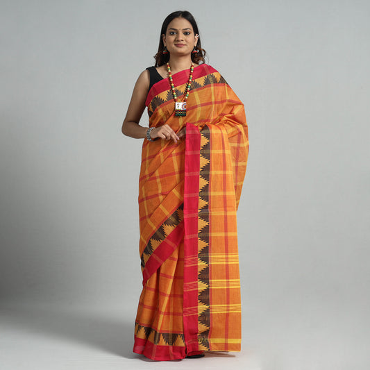 Orange - Traditional Chettinad Kandangi Cotton Checks Saree with Thread & Zari Border
