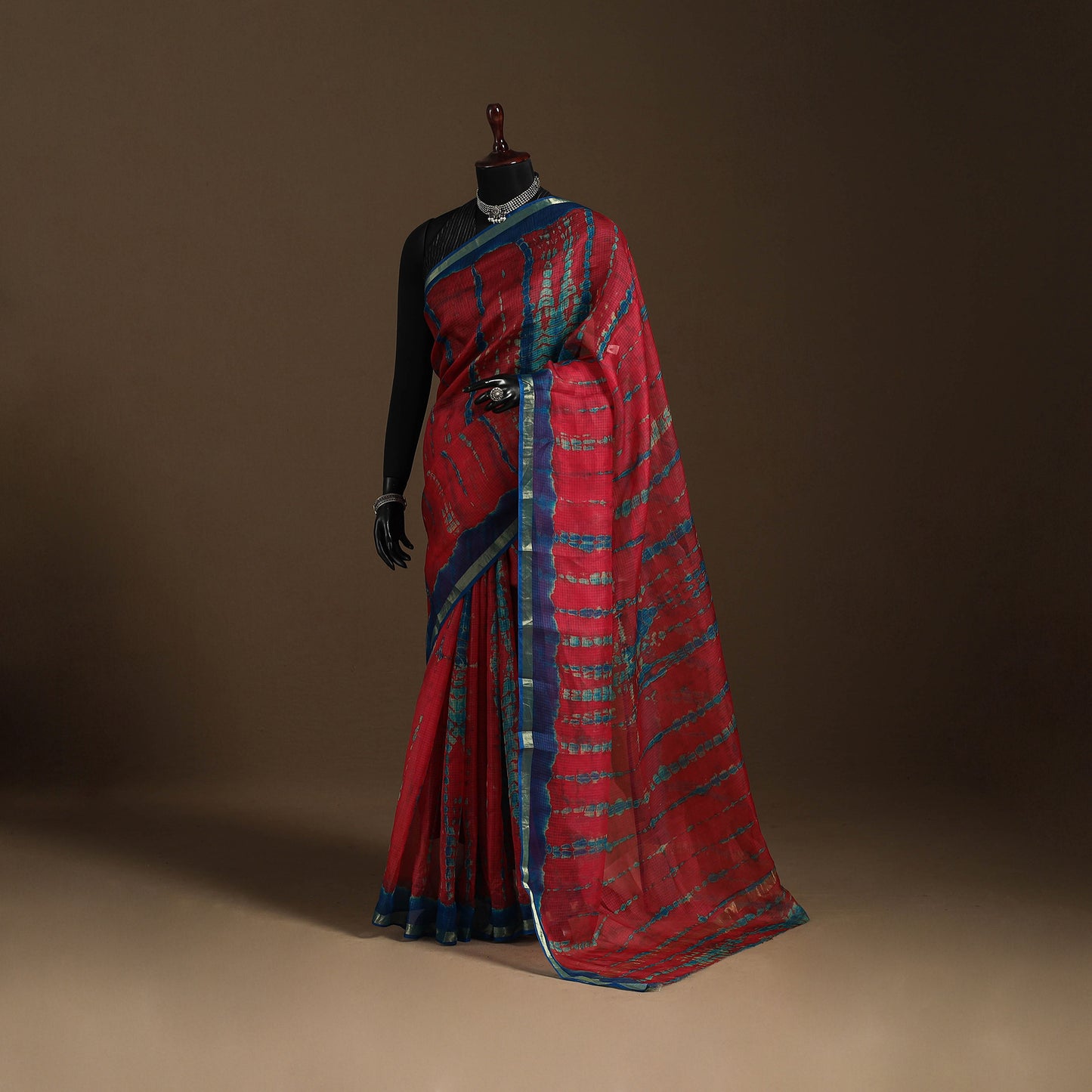 Red - kota doria silk tie-dye shibori saree 12 - handcrafted