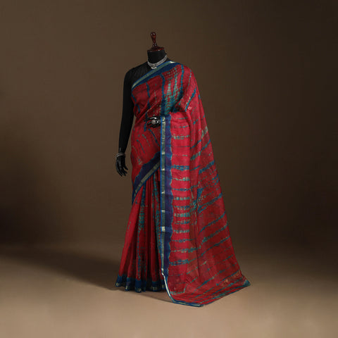 Red - kota doria silk tie-dye shibori saree 12 - handcrafted