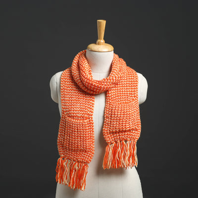 Orange - Kumaun Hand Knitted Woolen Muffler with Pockets 44