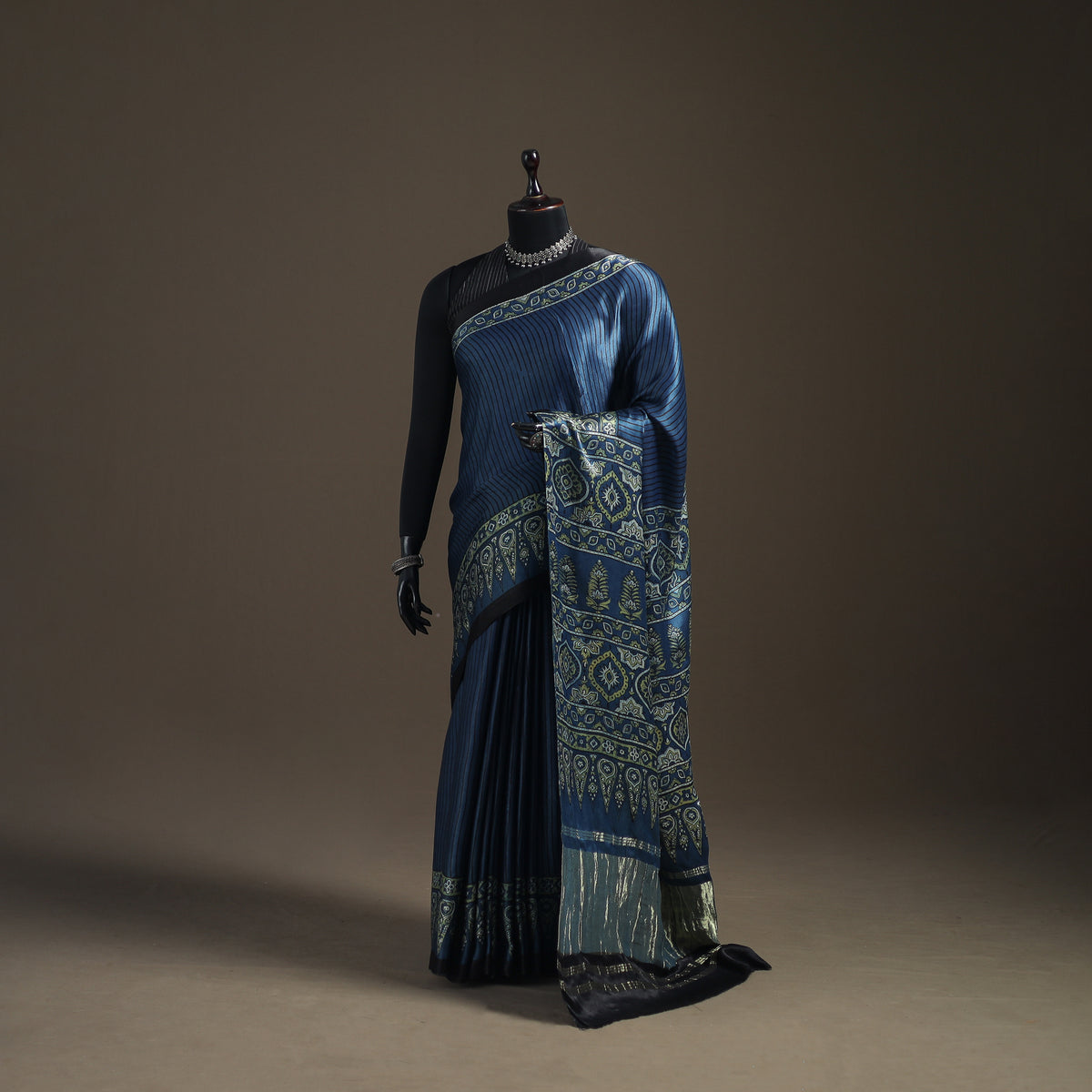Modal Silk Ajrakh Hand Block Print Natural Dyed Lagdi Patta Border Saree 17
