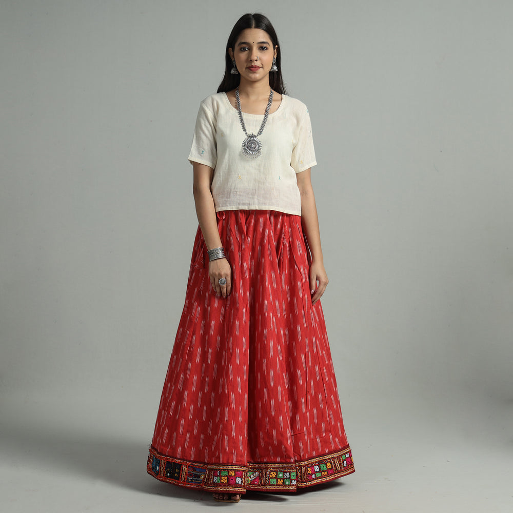 Red - Pochampally Ikat 24 Kali Cotton Skirt with Rajasthani Embroidery Border 27