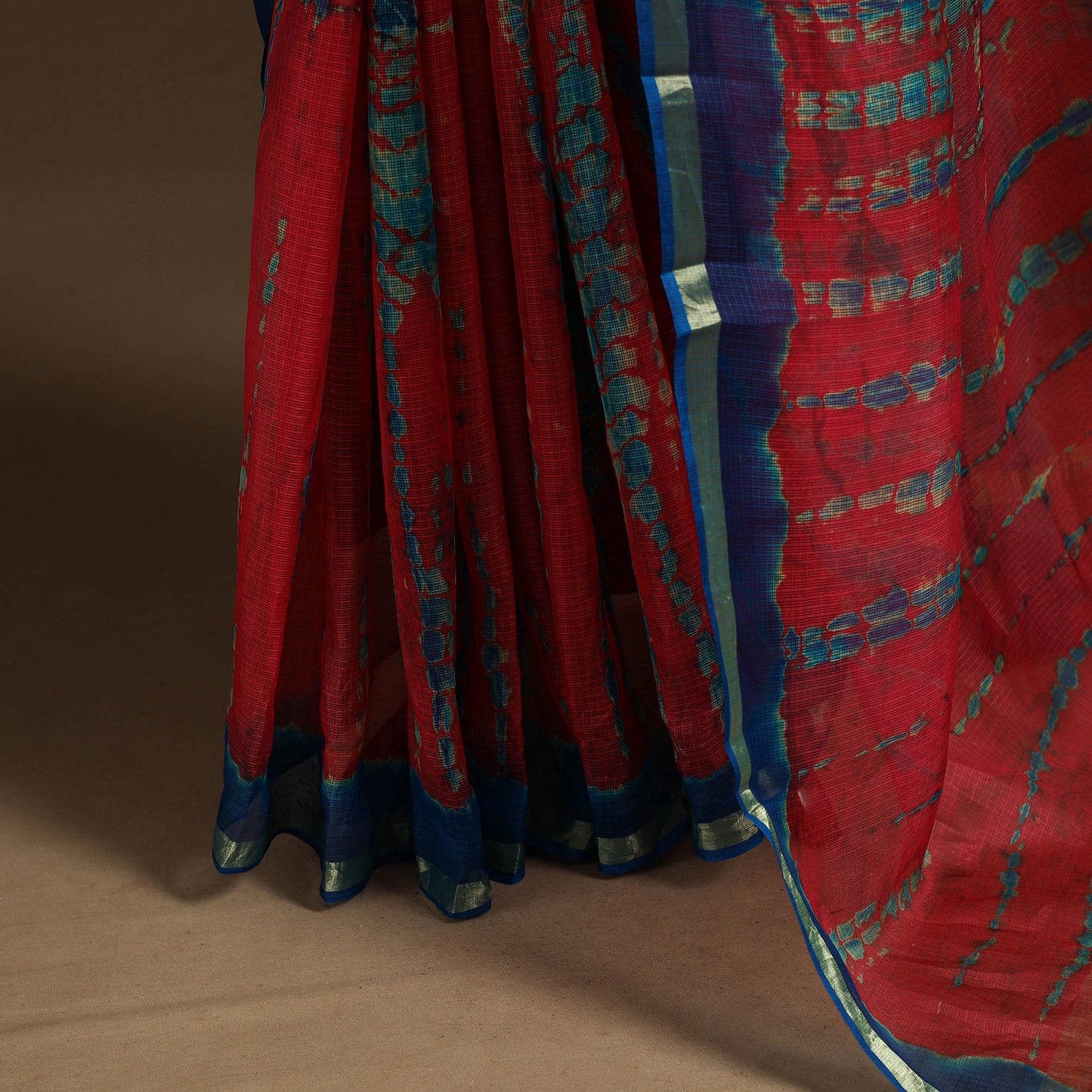 Red - kota doria silk tie-dye shibori saree 12 - handcrafted