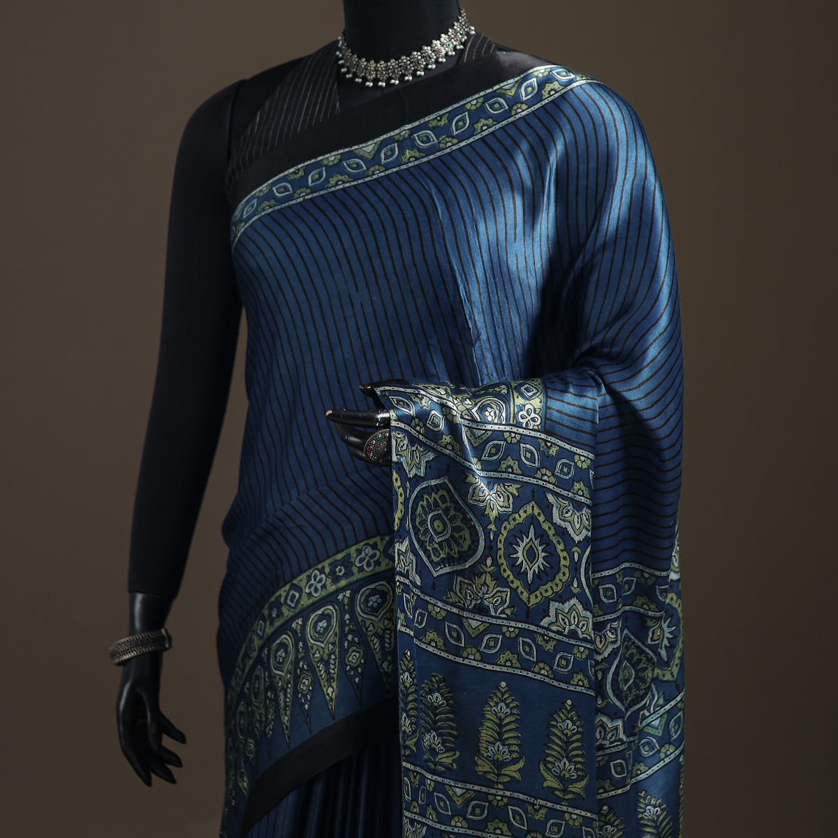 Modal Silk Ajrakh Hand Block Print Natural Dyed Lagdi Patta Border Saree 17