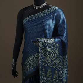 Modal Silk Ajrakh Hand Block Print Natural Dyed Lagdi Patta Border Saree 17