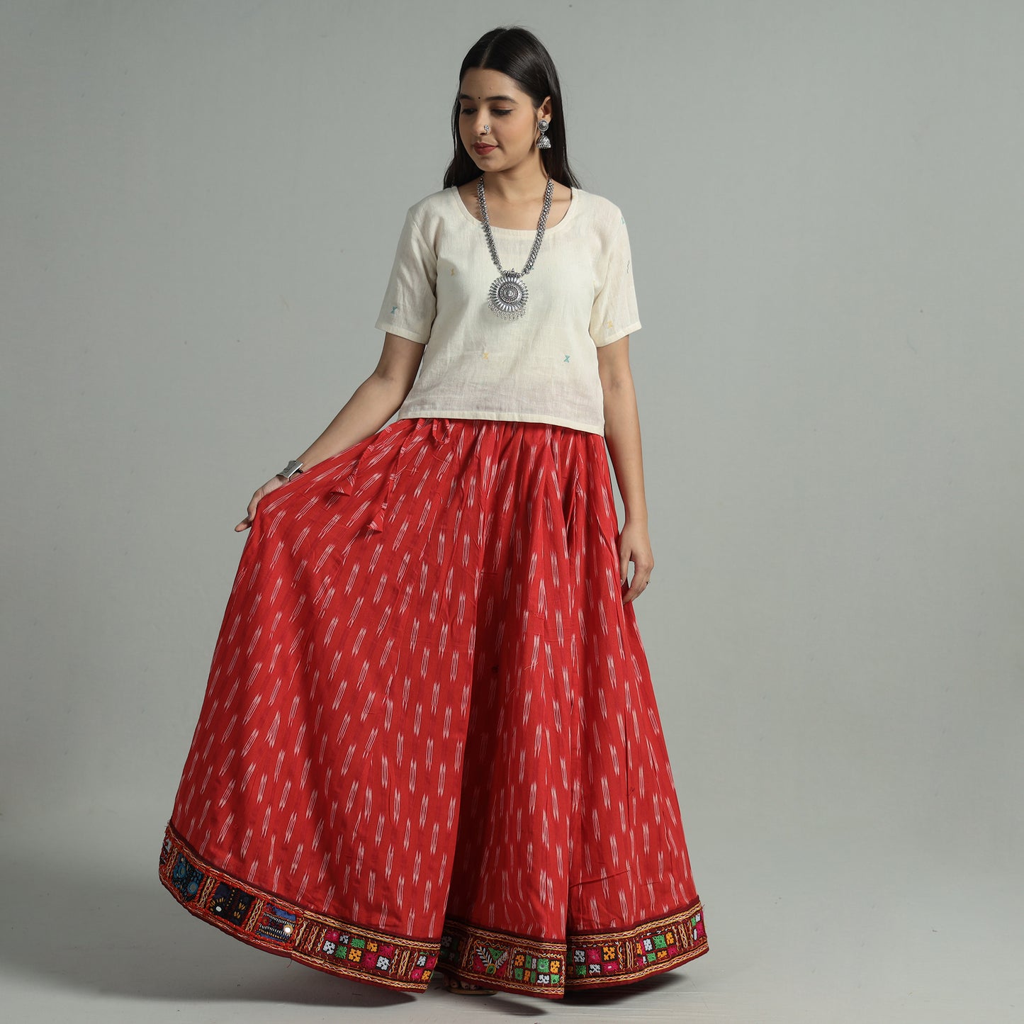 Red - Pochampally Ikat 24 Kali Cotton Skirt with Rajasthani Embroidery Border 27