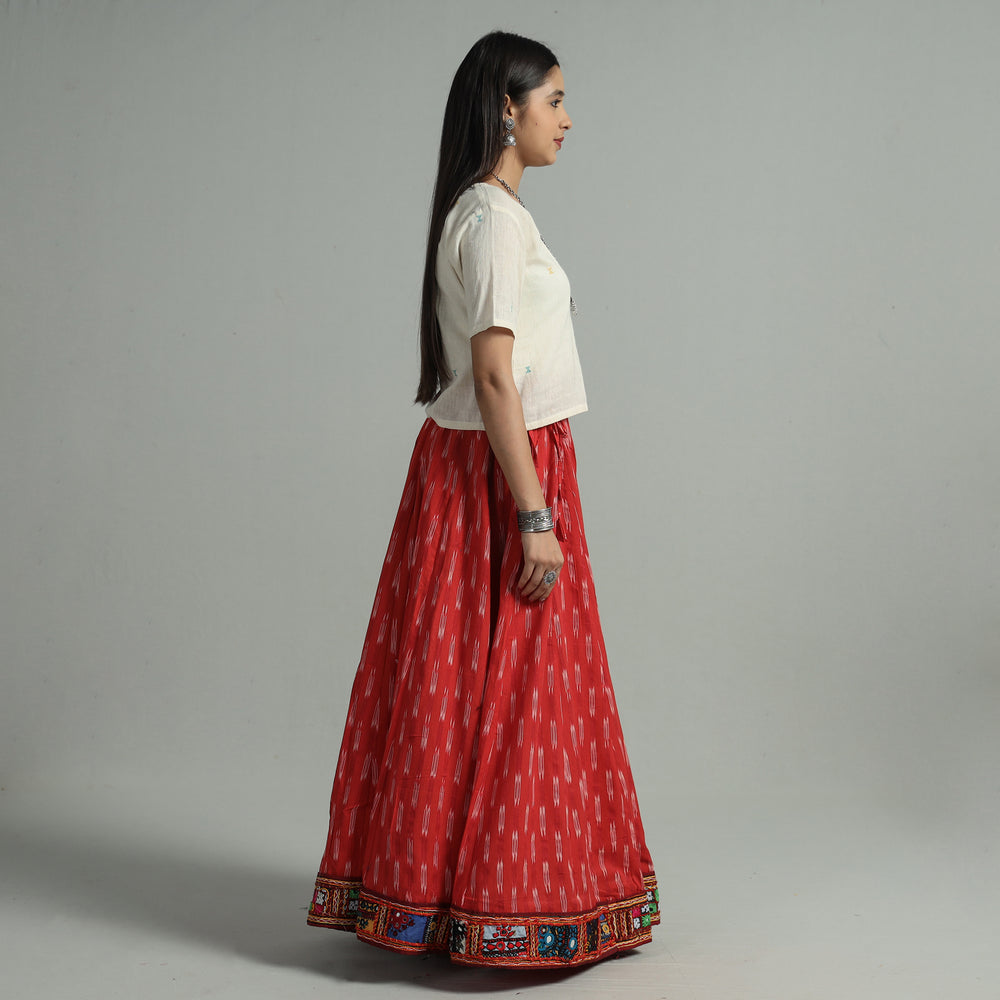 Red - Pochampally Ikat 24 Kali Cotton Skirt with Rajasthani Embroidery Border 27