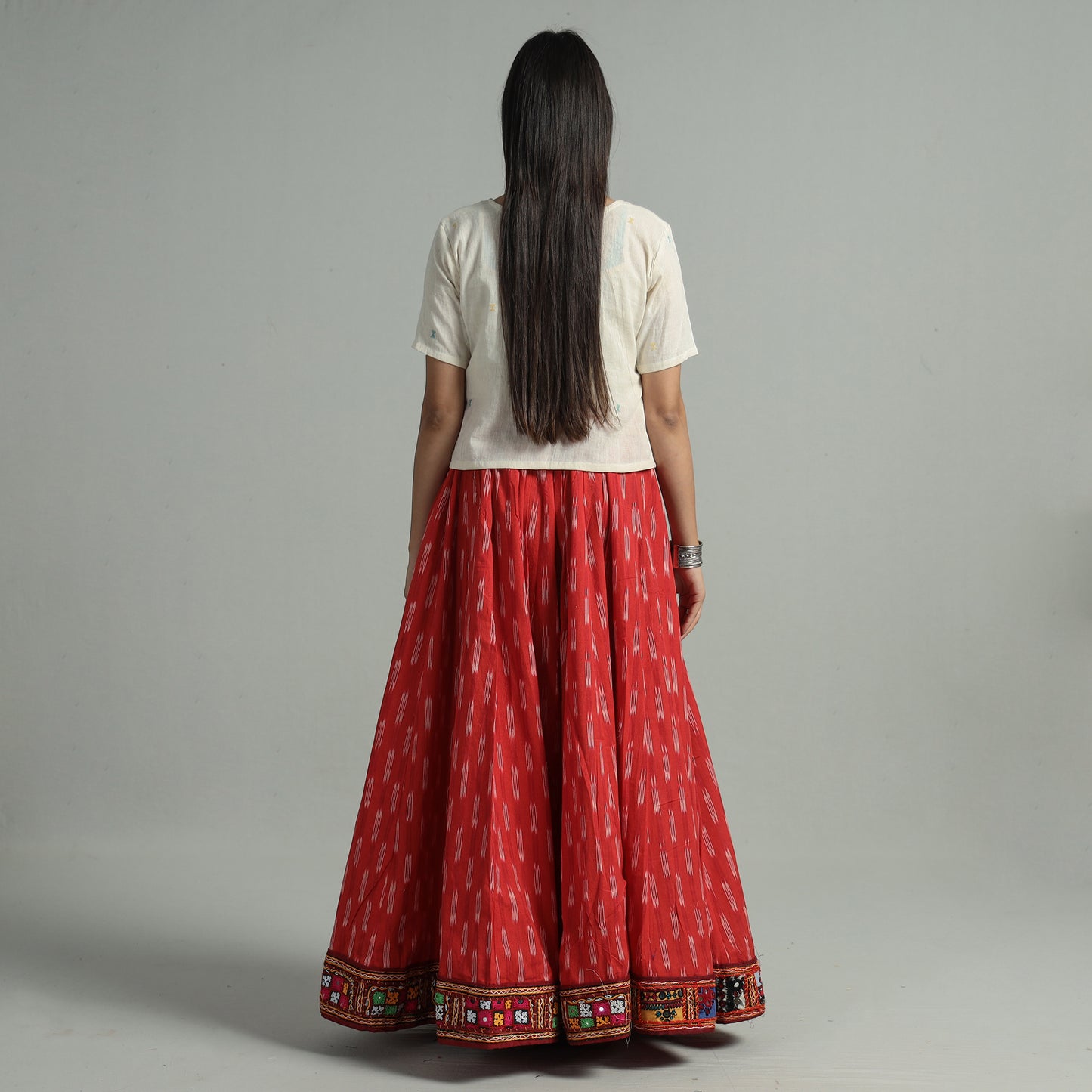 Red - Pochampally Ikat 24 Kali Cotton Skirt with Rajasthani Embroidery Border 27