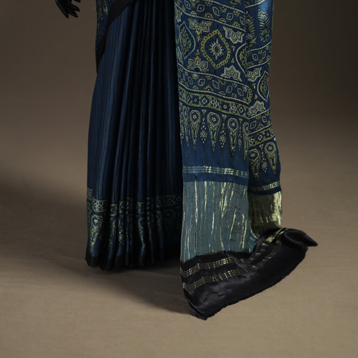 Modal Silk Ajrakh Hand Block Print Natural Dyed Lagdi Patta Border Saree 17