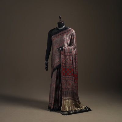Modal Silk Ajrakh Hand Block Print Natural Dyed Lagdi Patta Border Saree 18