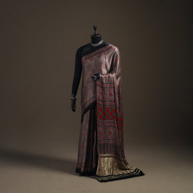 Modal Silk Ajrakh Hand Block Print Natural Dyed Lagdi Patta Border Saree 18