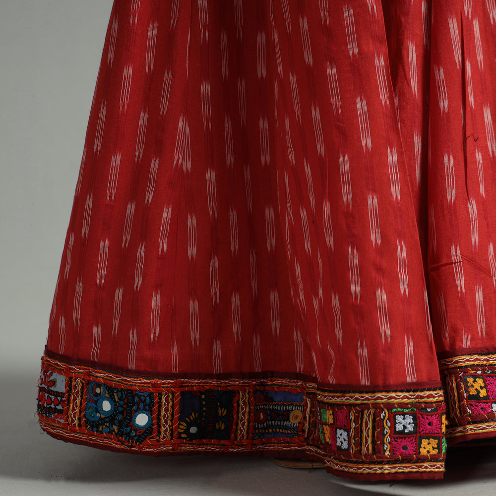 Red - Pochampally Ikat 24 Kali Cotton Skirt with Rajasthani Embroidery Border 27