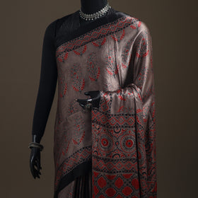 Modal Silk Ajrakh Hand Block Print Natural Dyed Lagdi Patta Border Saree 18