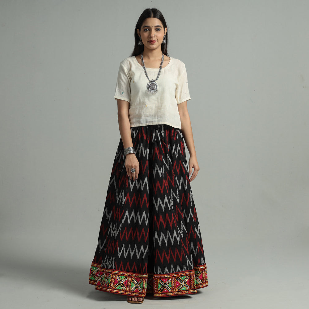 Black - Pochampally Ikat 24 Kali Cotton Skirt with Rajasthani Embroidery Border 30