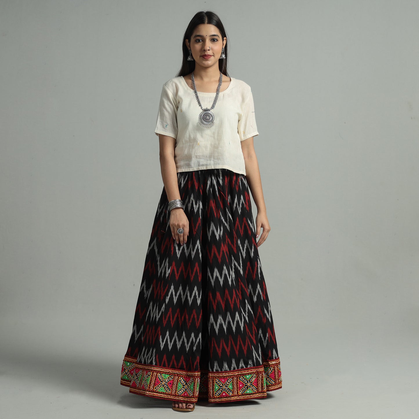 Black - Pochampally Ikat 24 Kali Cotton Skirt with Rajasthani Embroidery Border 30