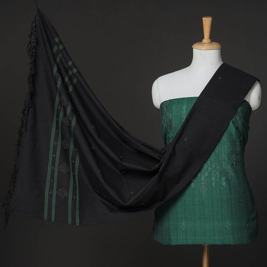 Green - 3pc Tangaliya Work Handwoven Cotton Suit Material Set