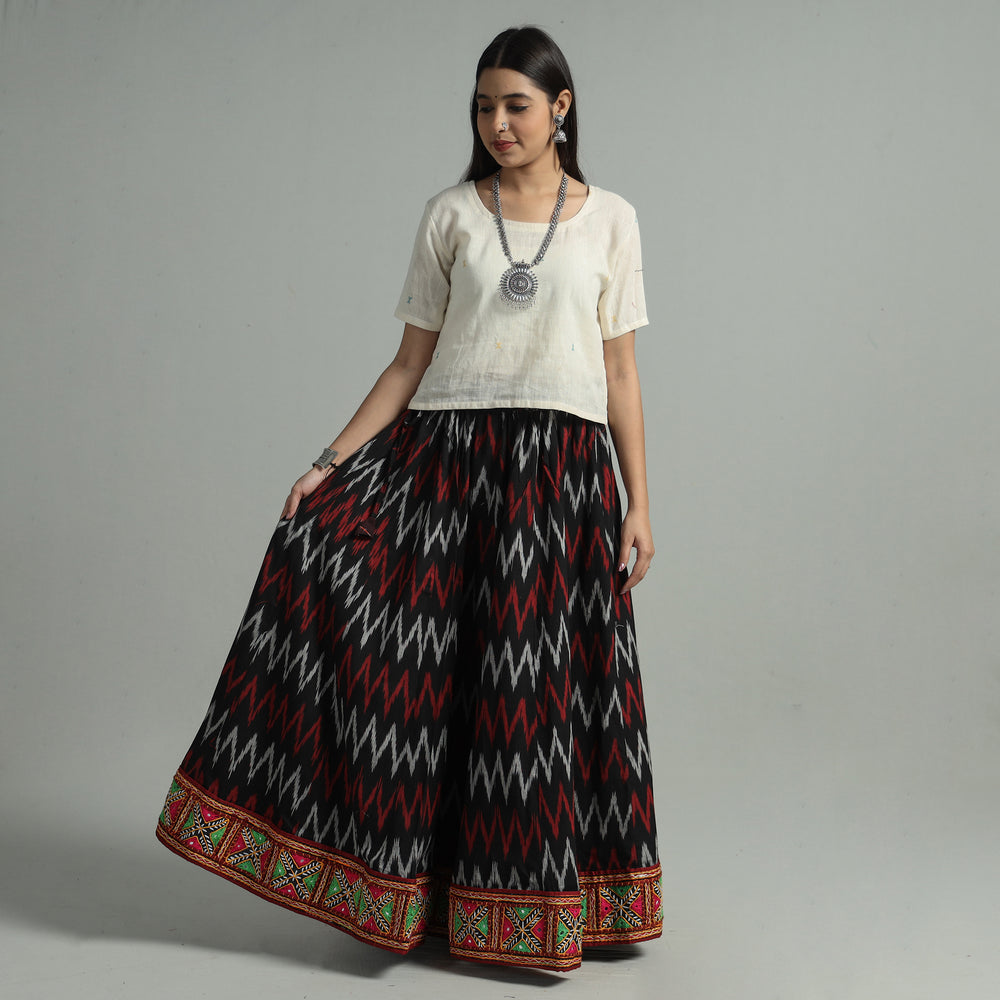 Black - Pochampally Ikat 24 Kali Cotton Skirt with Rajasthani Embroidery Border 30