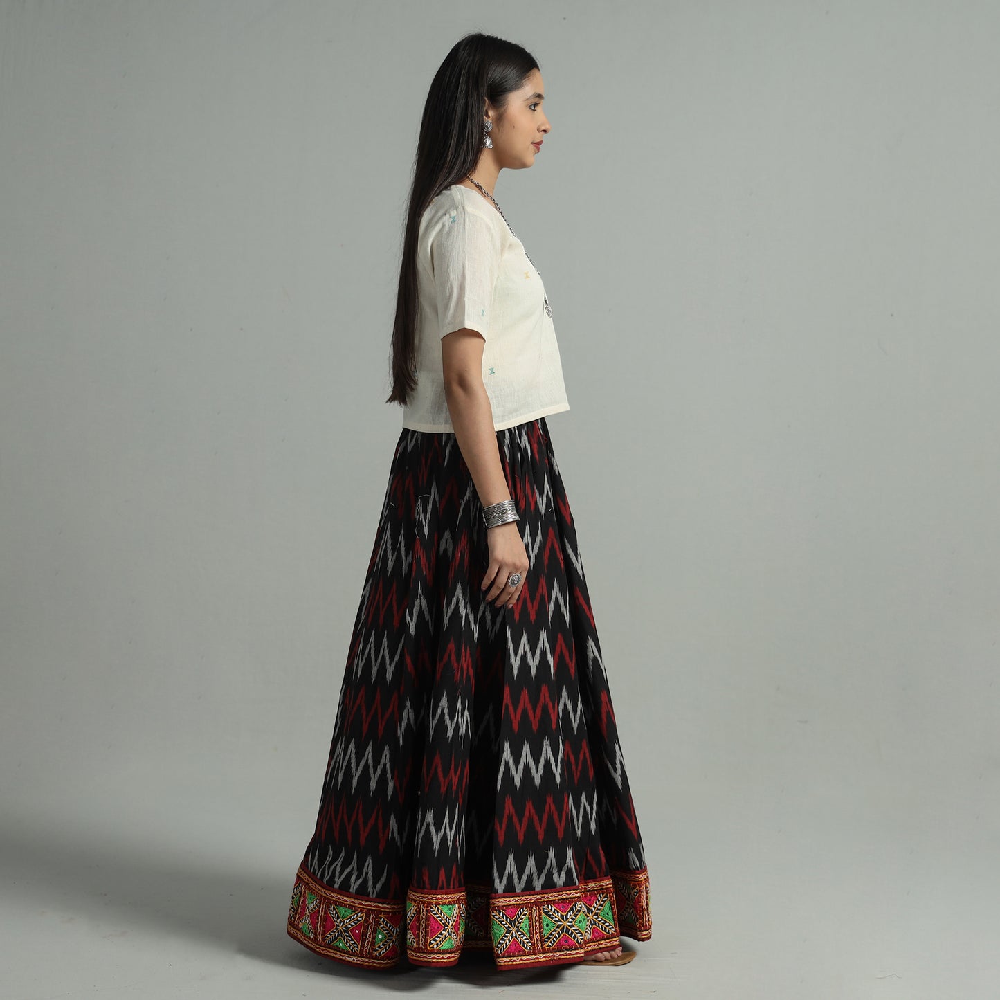 Black - Pochampally Ikat 24 Kali Cotton Skirt with Rajasthani Embroidery Border 30