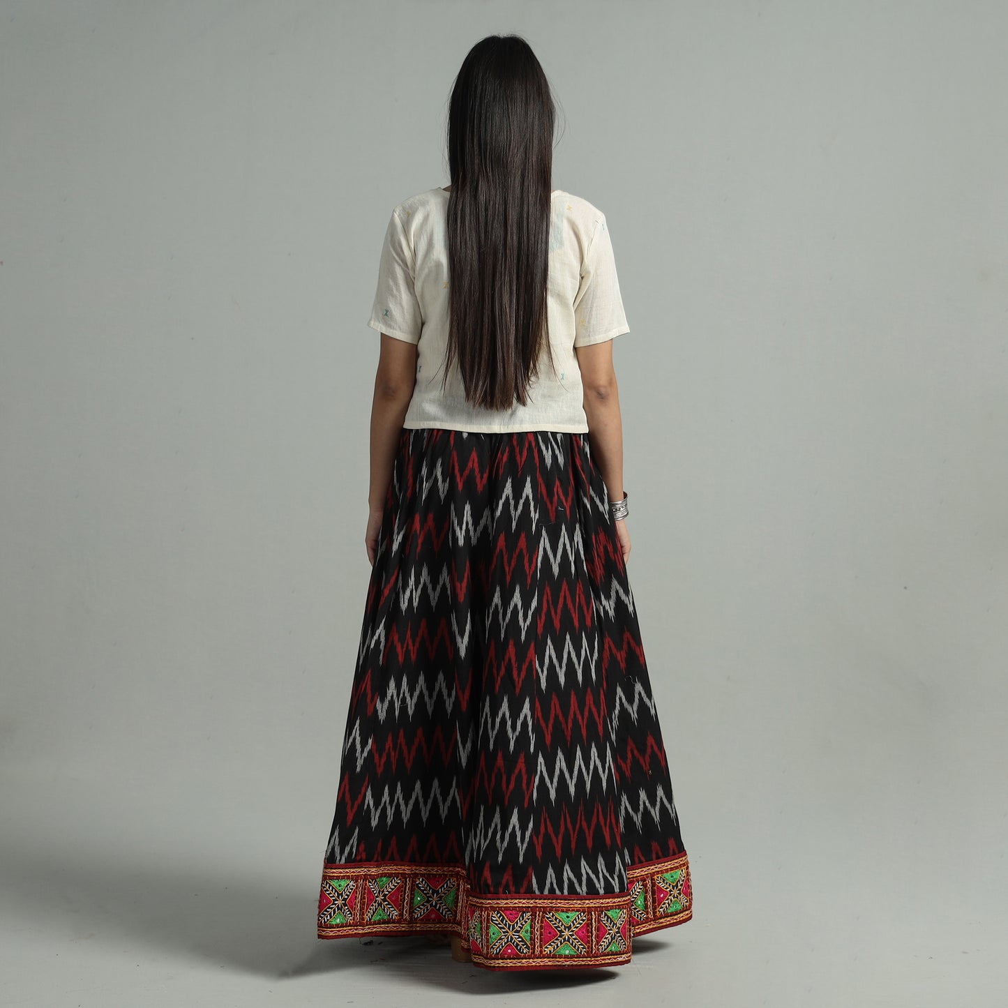 Black - Pochampally Ikat 24 Kali Cotton Skirt with Rajasthani Embroidery Border 30