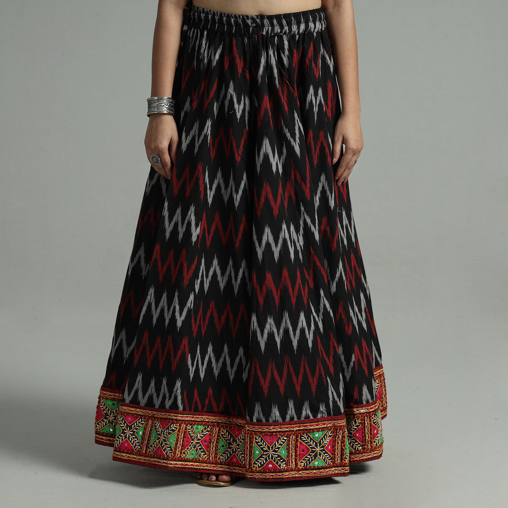 Black - Pochampally Ikat 24 Kali Cotton Skirt with Rajasthani Embroidery Border 30