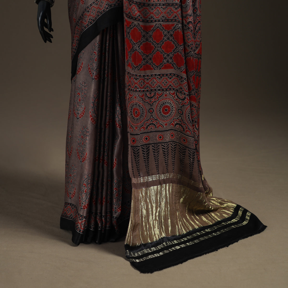 Modal Silk Ajrakh Hand Block Print Natural Dyed Lagdi Patta Border Saree 18