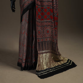 Modal Silk Ajrakh Hand Block Print Natural Dyed Lagdi Patta Border Saree 18
