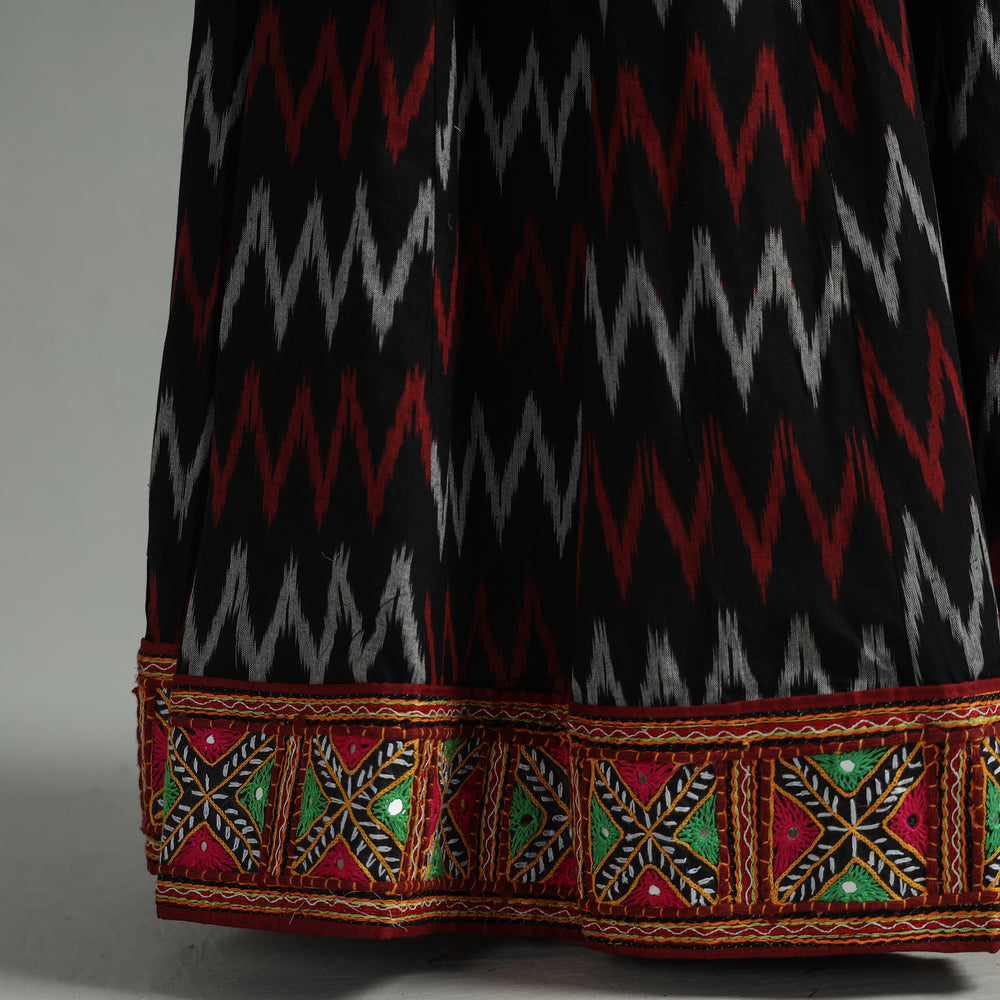 Black - Pochampally Ikat 24 Kali Cotton Skirt with Rajasthani Embroidery Border 30