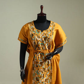 Yellow - Bengal Kantha Hand Embroidery Cotton Long Kaftan 26