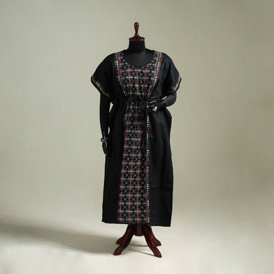 Black - Bengal Kantha Hand Embroidery Cotton Long Kaftan 27