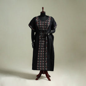 Black - Bengal Kantha Hand Embroidery Cotton Long Kaftan 27