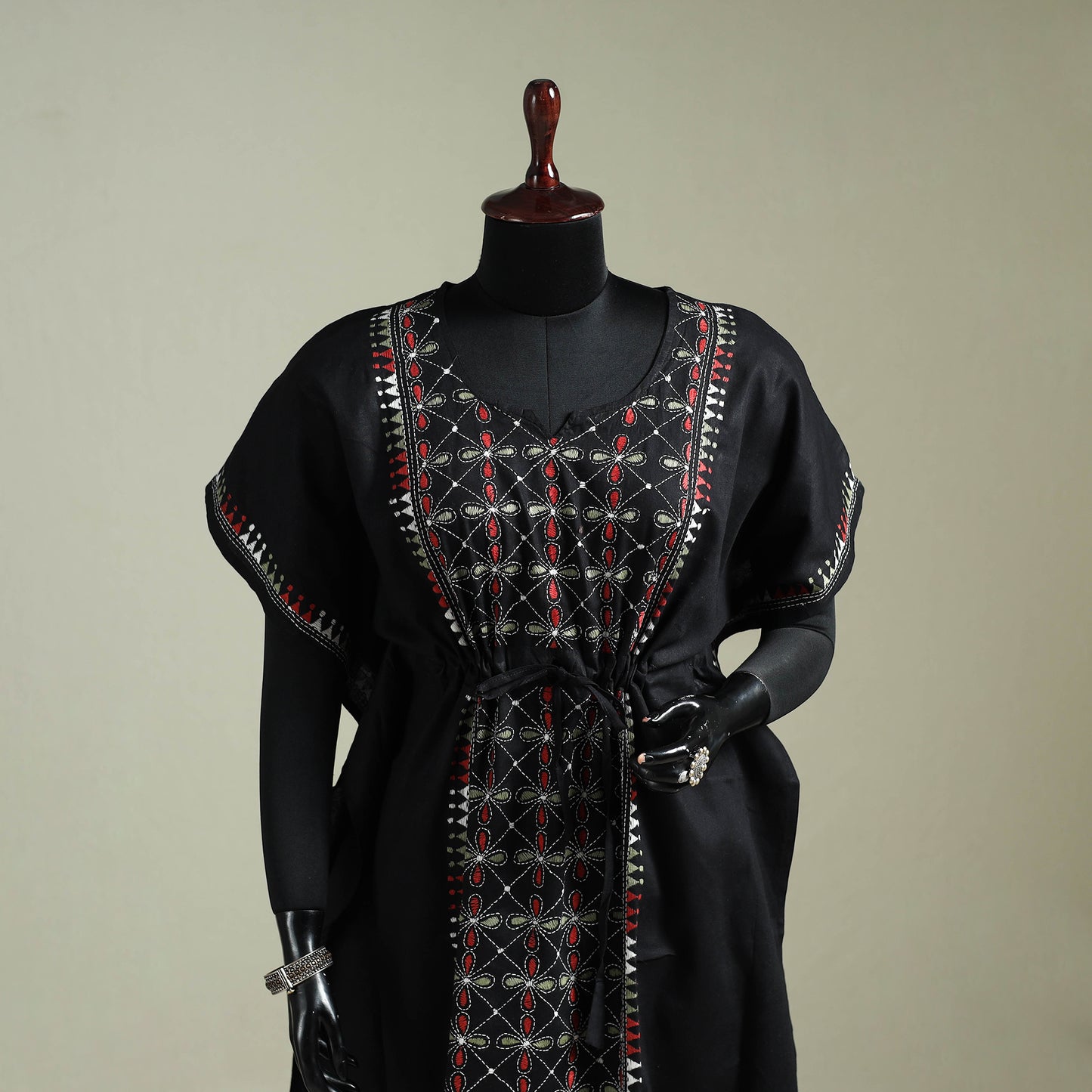 Black - Bengal Kantha Hand Embroidery Cotton Long Kaftan 27