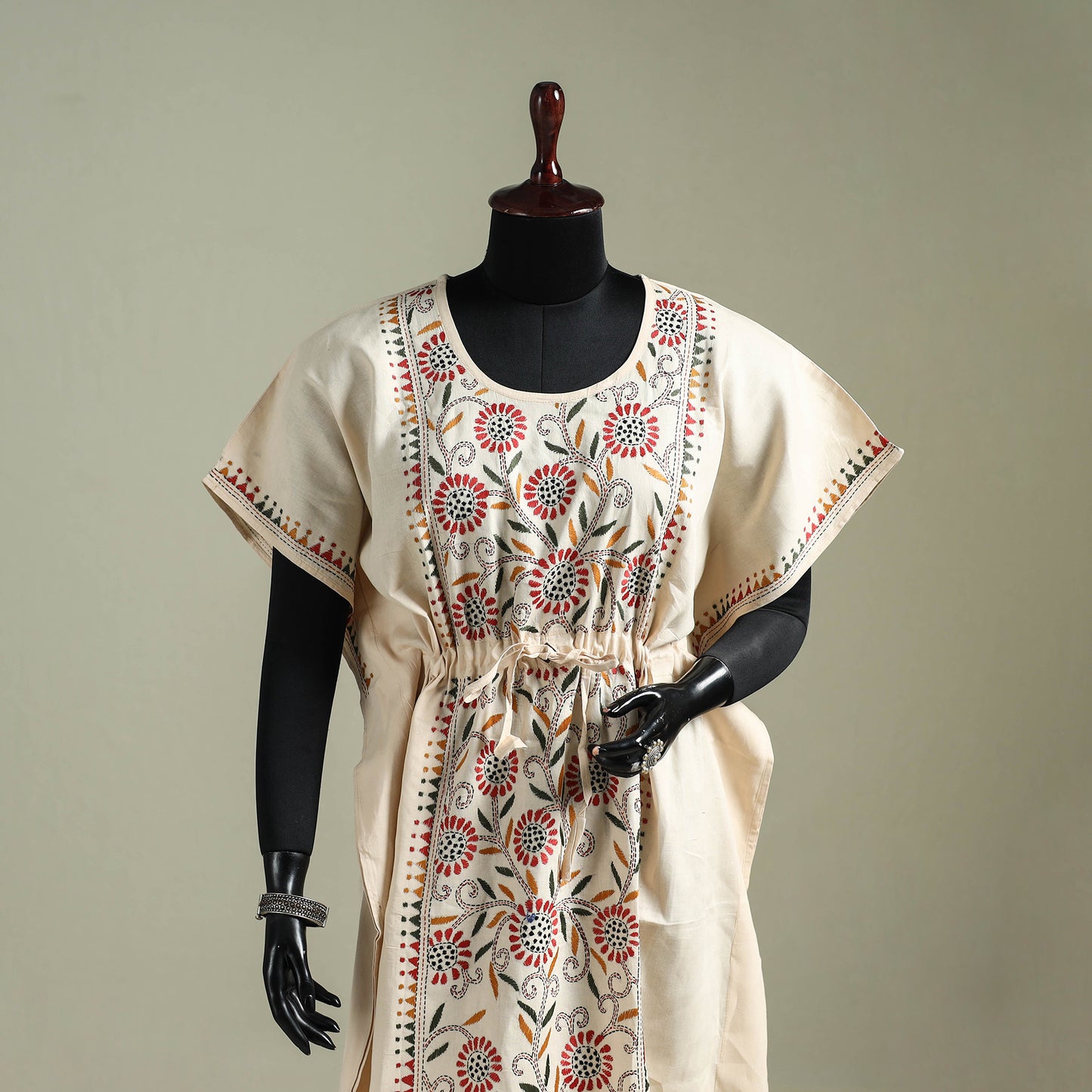Beige - Bengal Kantha Hand Embroidery Cotton Long Kaftan 28