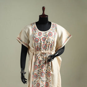 Beige - Bengal Kantha Hand Embroidery Cotton Long Kaftan 28