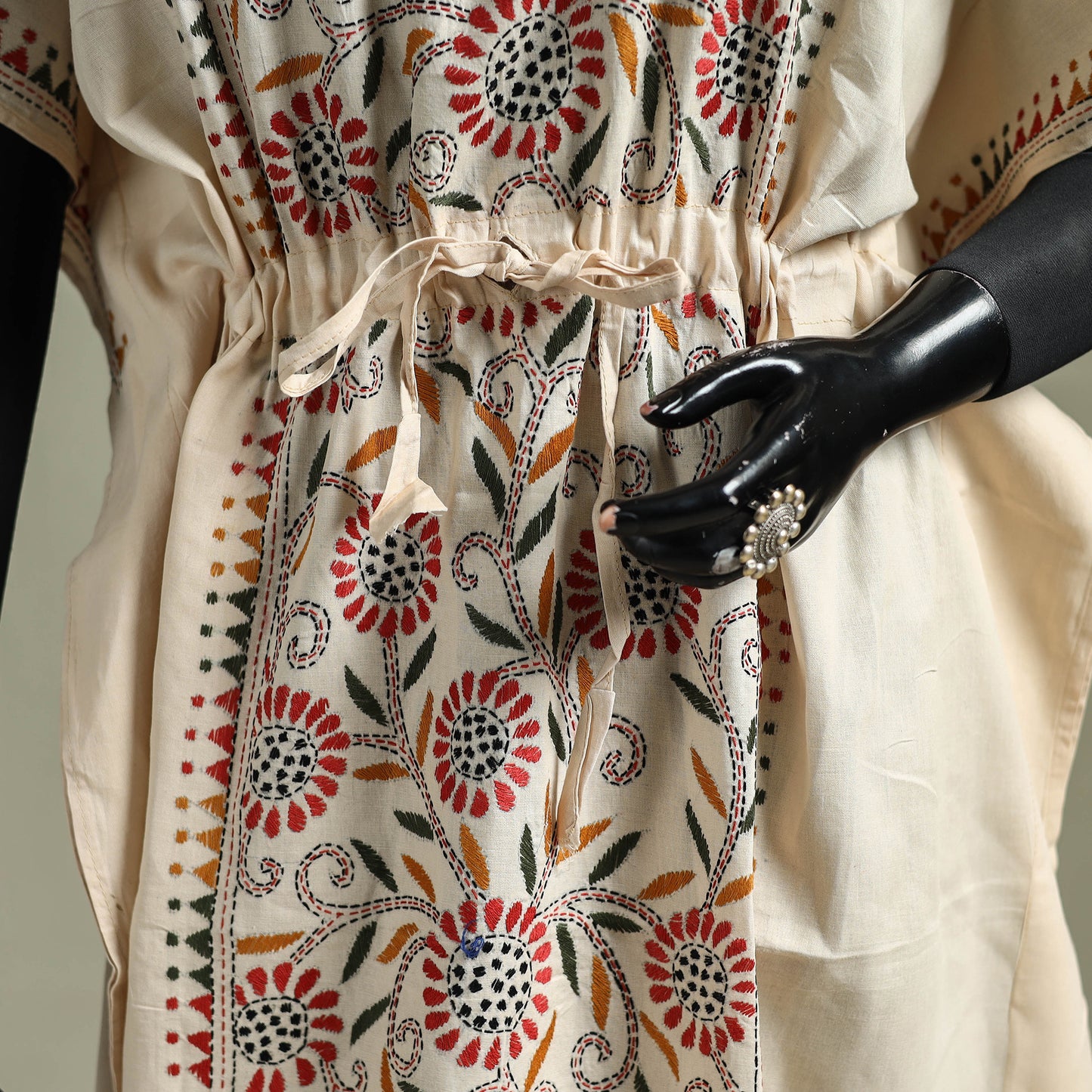 Beige - Bengal Kantha Hand Embroidery Cotton Long Kaftan 28