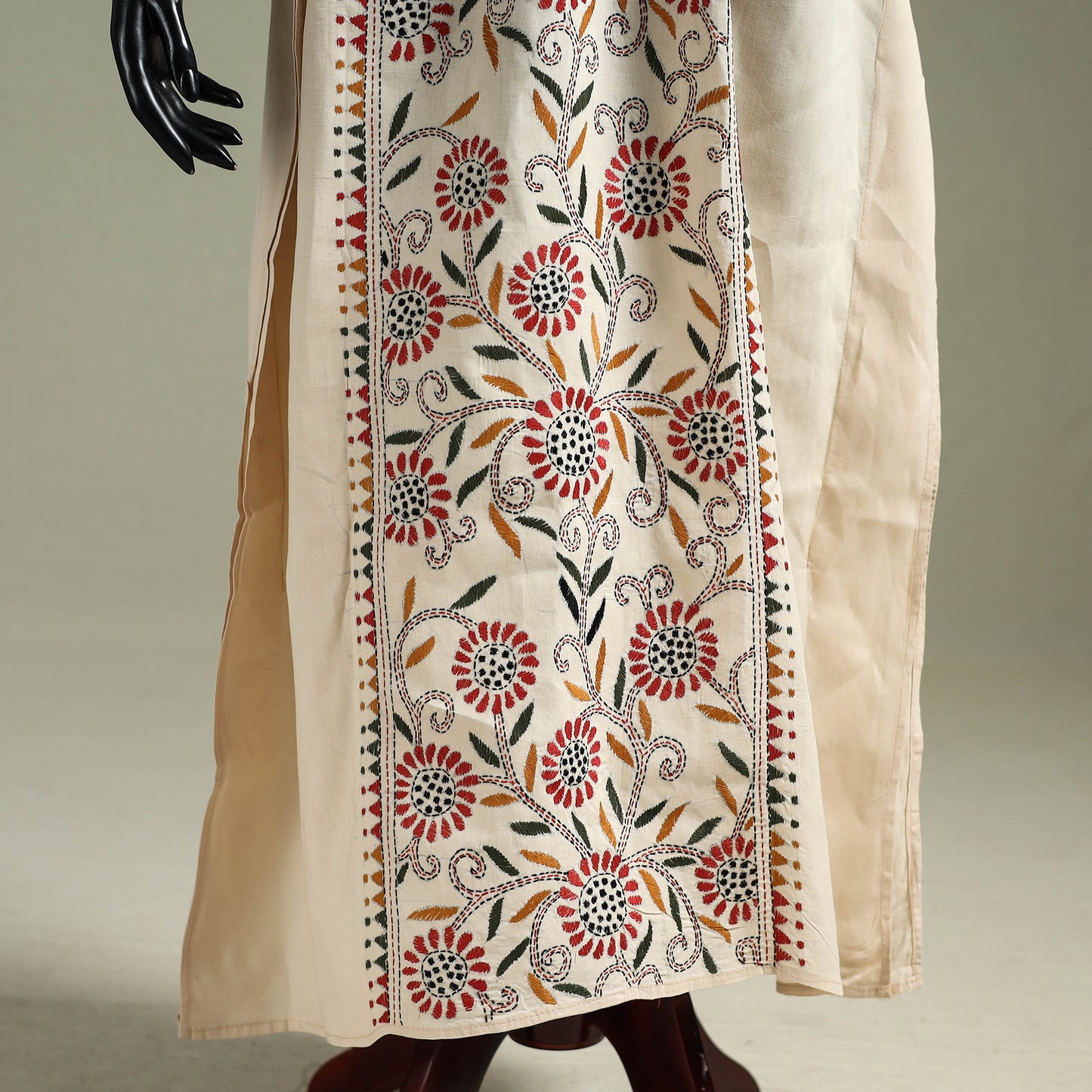 Beige - Bengal Kantha Hand Embroidery Cotton Long Kaftan 28