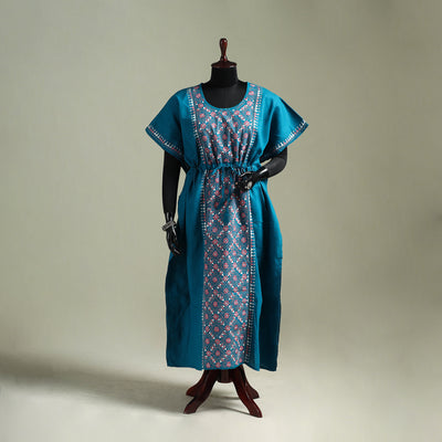 Blue - Bengal Kantha Hand Embroidery Cotton Long Kaftan 29