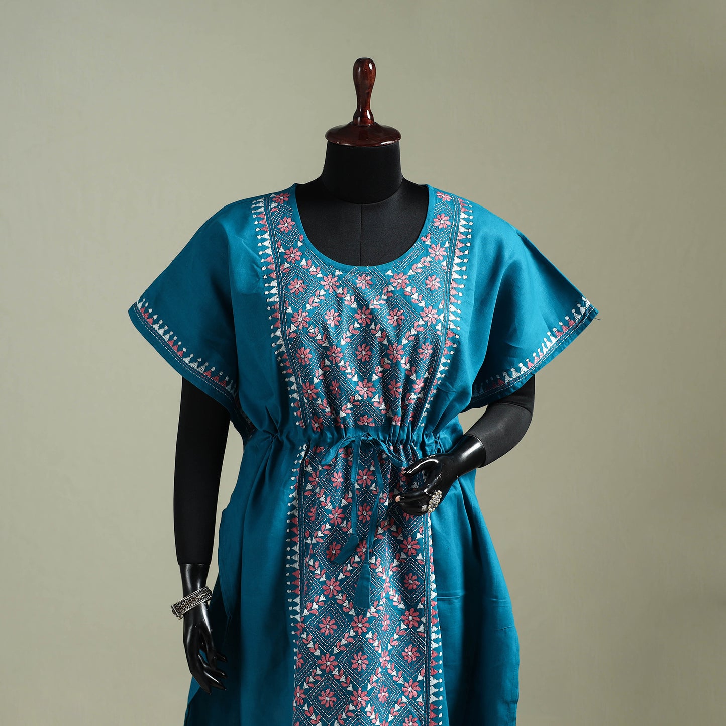 Blue - Bengal Kantha Hand Embroidery Cotton Long Kaftan 29