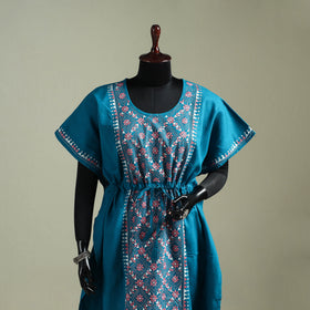 Blue - Bengal Kantha Hand Embroidery Cotton Long Kaftan 29