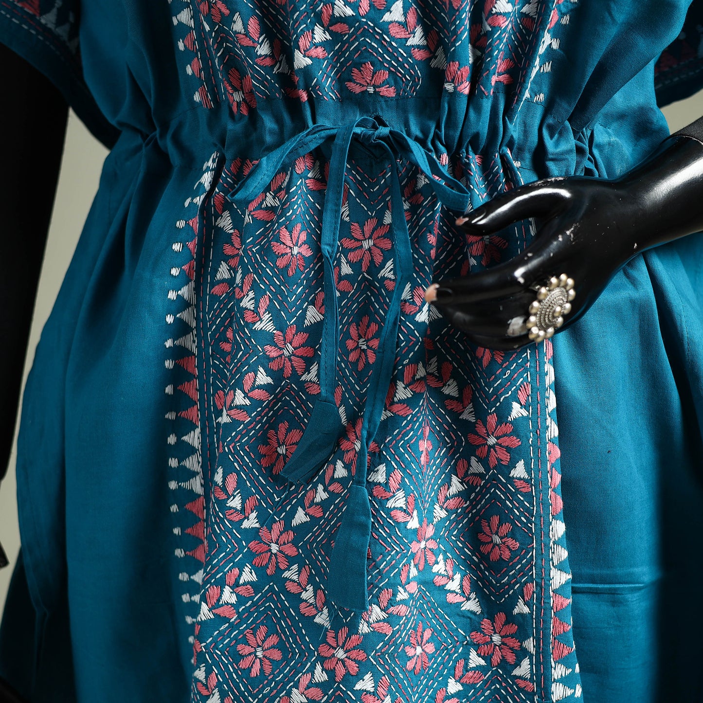 Blue - Bengal Kantha Hand Embroidery Cotton Long Kaftan 29