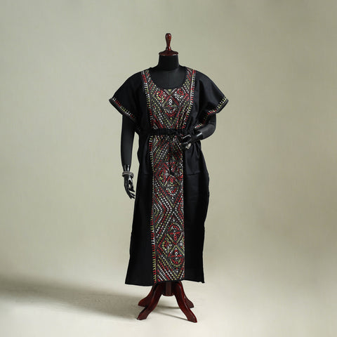 Black - Bengal Kantha Hand Embroidery Cotton Long Kaftan 30