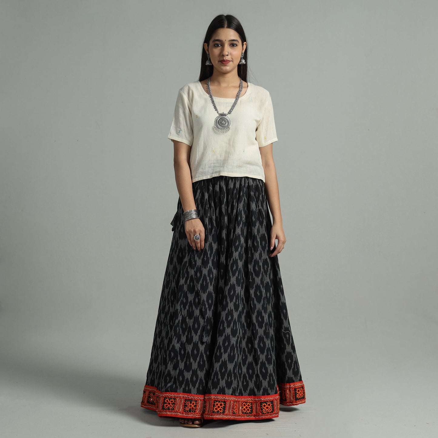 Black - Pochampally Ikat 24 Kali Cotton Skirt with Rajasthani Embroidery Border 34