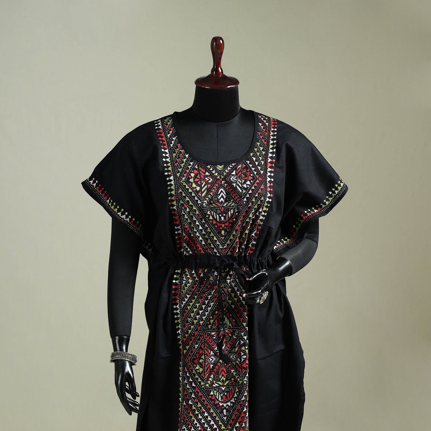 Black - Bengal Kantha Hand Embroidery Cotton Long Kaftan 30
