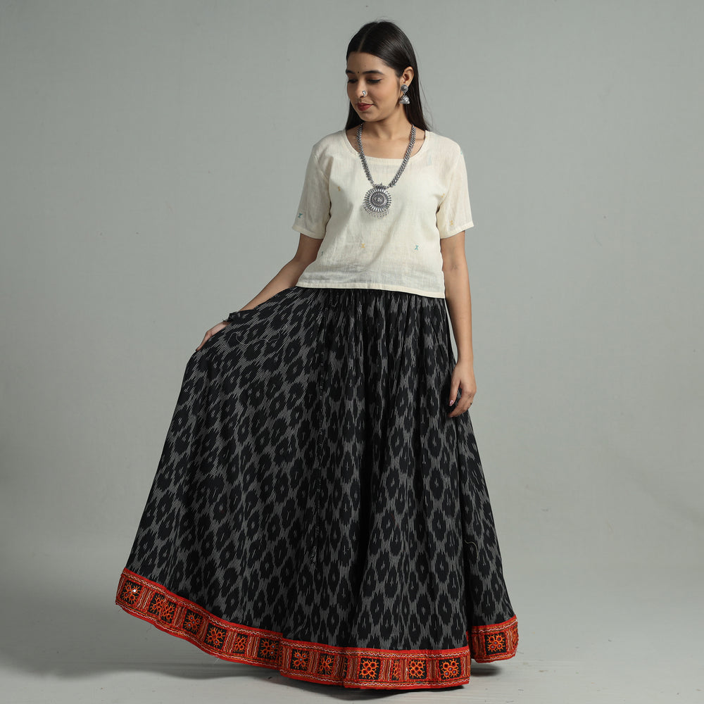 Black - Pochampally Ikat 24 Kali Cotton Skirt with Rajasthani Embroidery Border 34