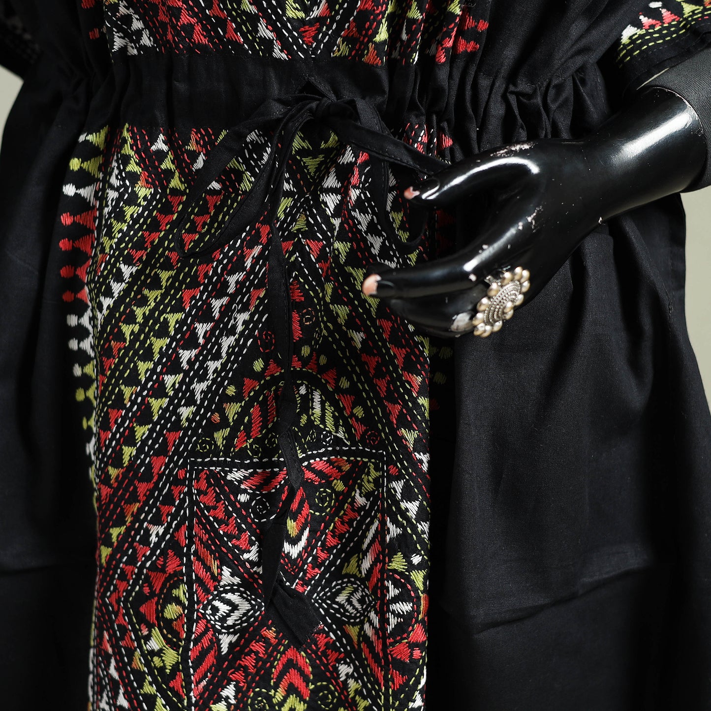 Black - Bengal Kantha Hand Embroidery Cotton Long Kaftan 30