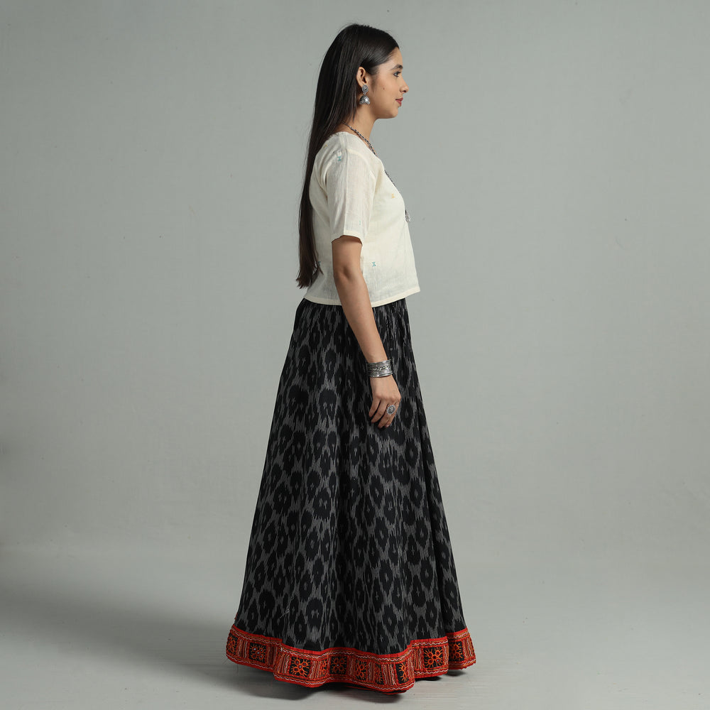 Black - Pochampally Ikat 24 Kali Cotton Skirt with Rajasthani Embroidery Border 34