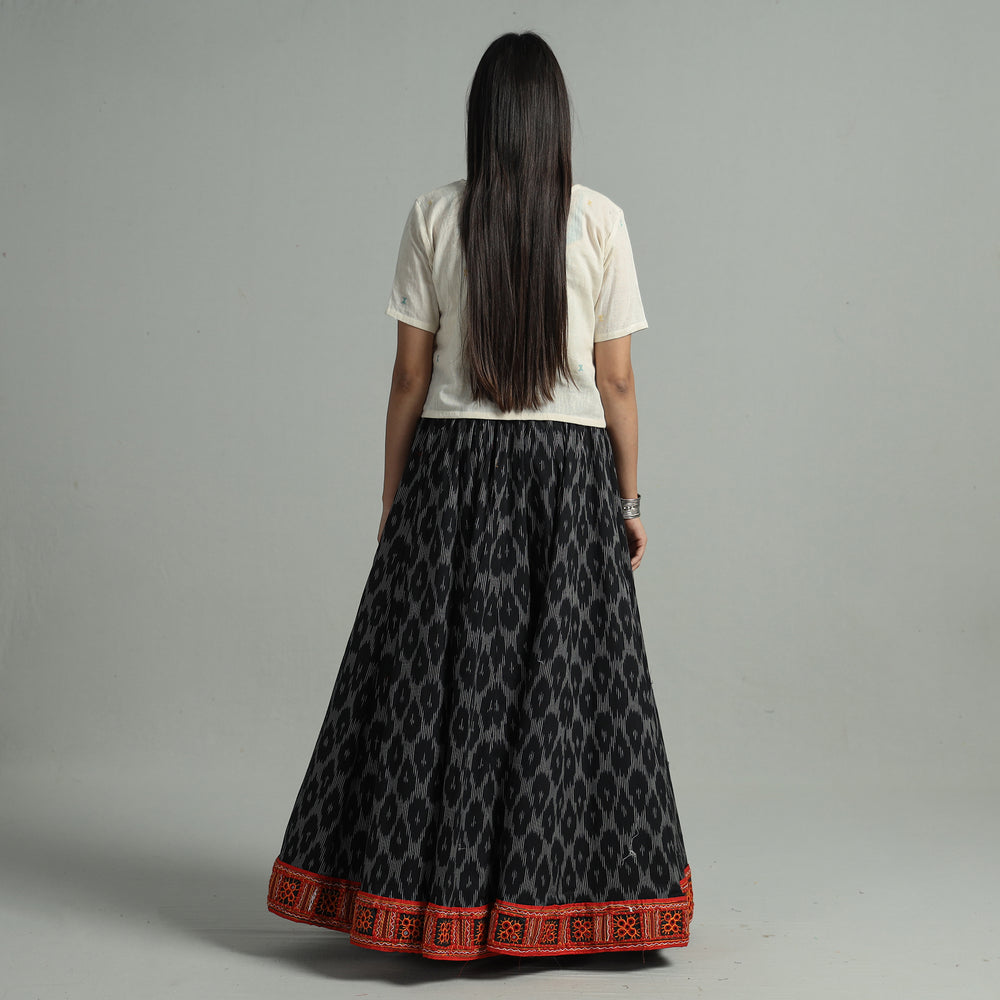 Black - Pochampally Ikat 24 Kali Cotton Skirt with Rajasthani Embroidery Border 34