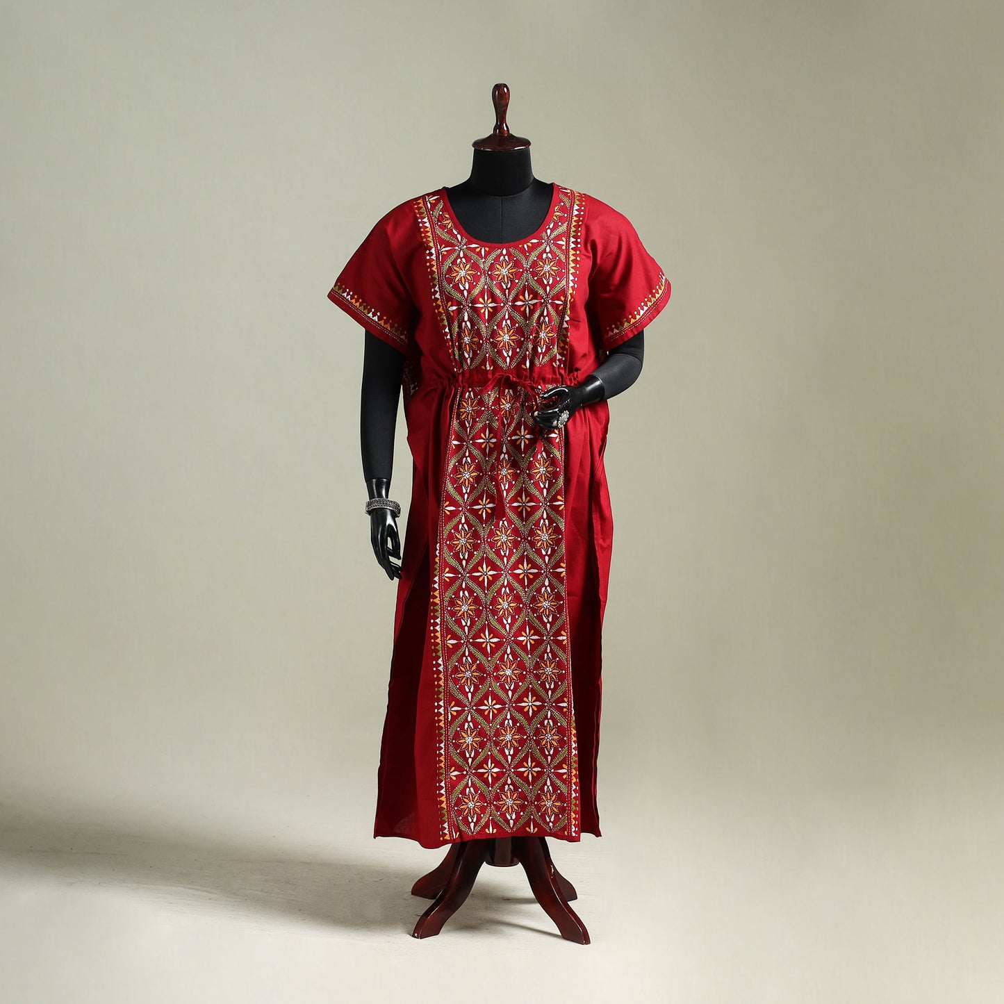 Red - Bengal Kantha Hand Embroidery Cotton Long Kaftan 15