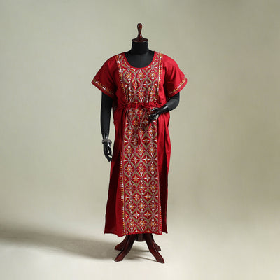 Red - Bengal Kantha Hand Embroidery Cotton Long Kaftan 15