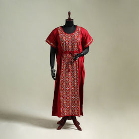 Red - Bengal Kantha Hand Embroidery Cotton Long Kaftan 15