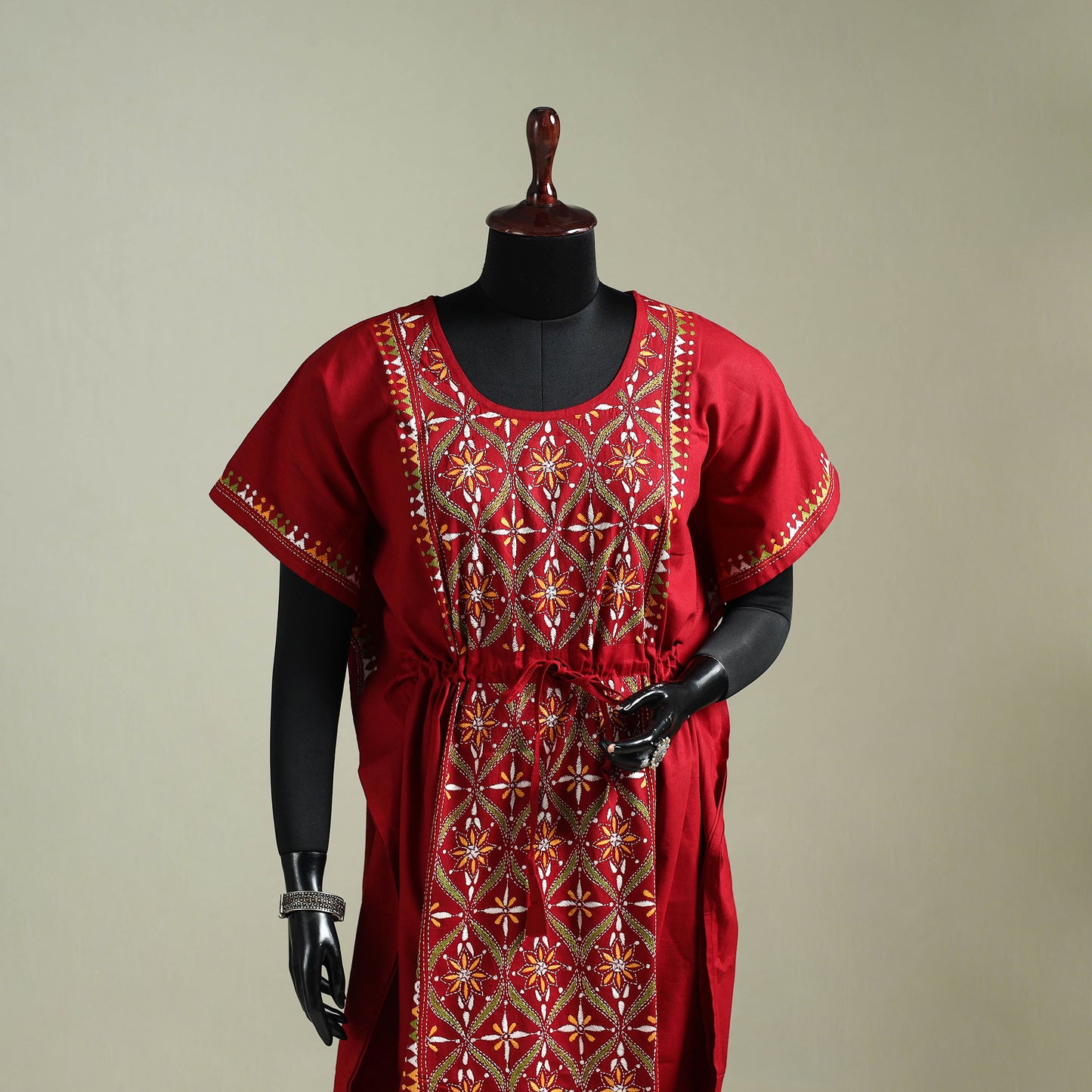 Red - Bengal Kantha Hand Embroidery Cotton Long Kaftan 15